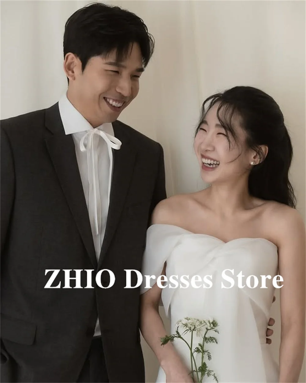 ZHIO ง่ายไหล่เกาหลี Ivory A-Line ชุดแต่งงาน Organza CROSS ประเภทรัดตัวกลับที่กําหนดเองสวยเจ้าสาว Gowns