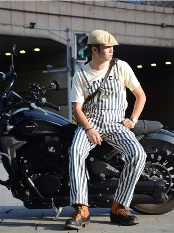 

Vintage American Retro Motorcycle Denim Overalls Men's Striped Workwear Pants Casual Straight Leg Trousers with Pockets