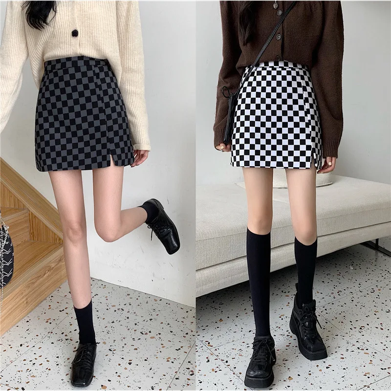Retro Plaid  Skirt High Waist Slimming Design Unique Personality Wrap around Short a Line Skirt for Young Women