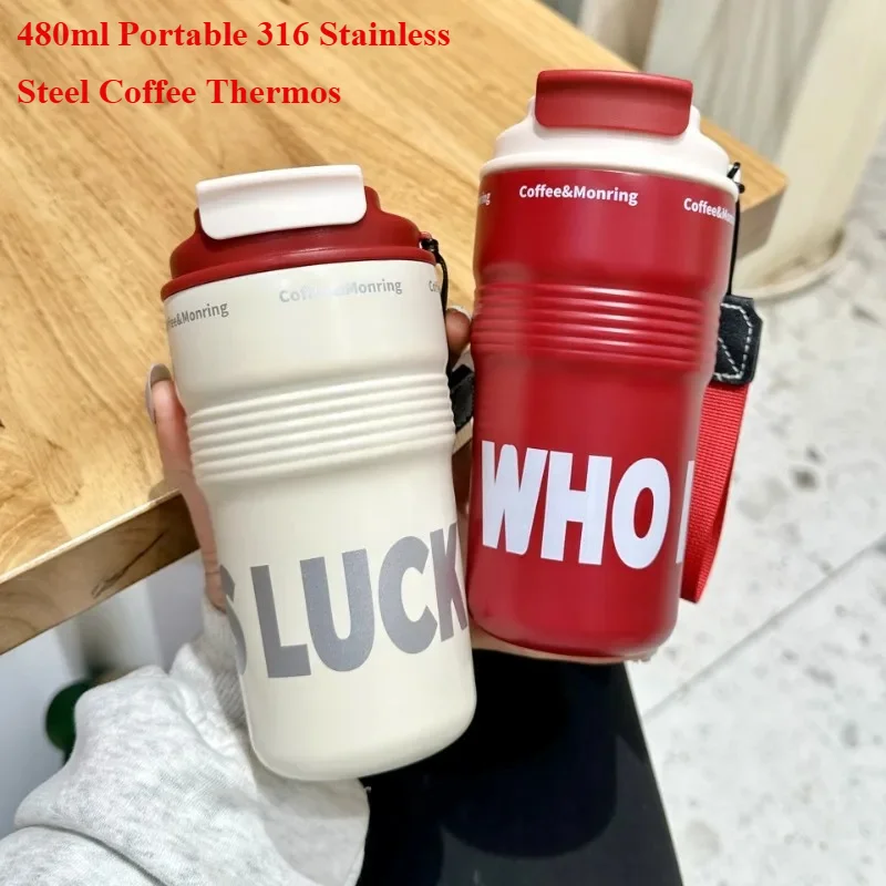 480ml Portable 316 Stainless Steel Coffee Thermos, Leakproof Flask for Commute, Gym & Outdoor Use