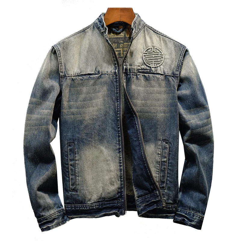 

2024 autumn trendy vintage denim jacket men's slim-fit nostalgic street motorcycle jacket stand collar vintage fashion coat