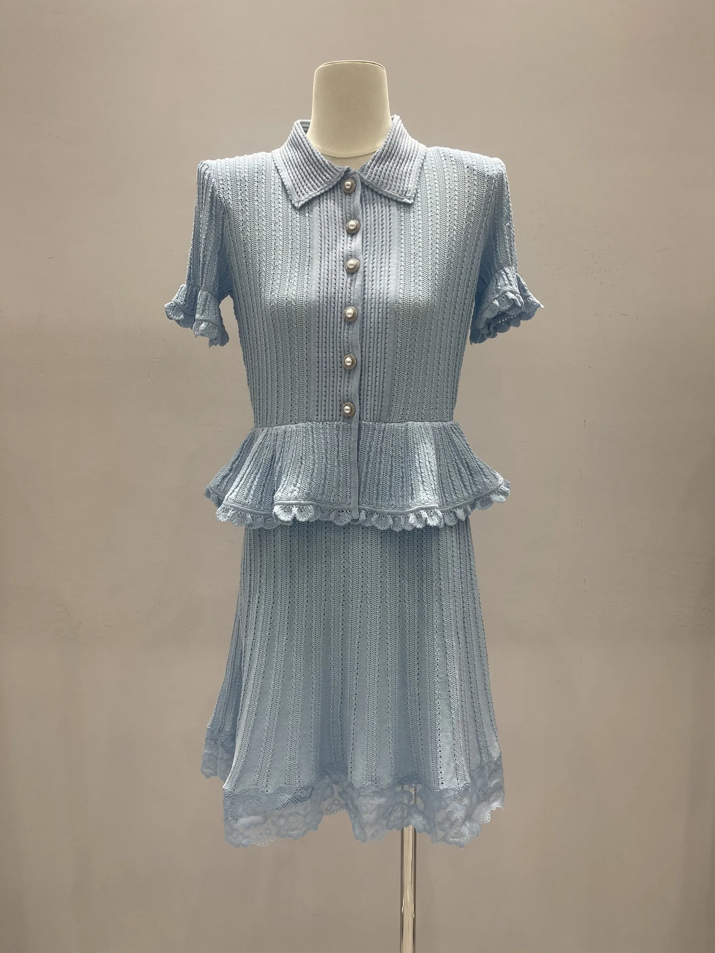 2026 Autumn New Style Faux Two-Piece Knitted Dress, Elegant and Stylish Ruffled Short-Sleeve Lace Trim Women's Dress