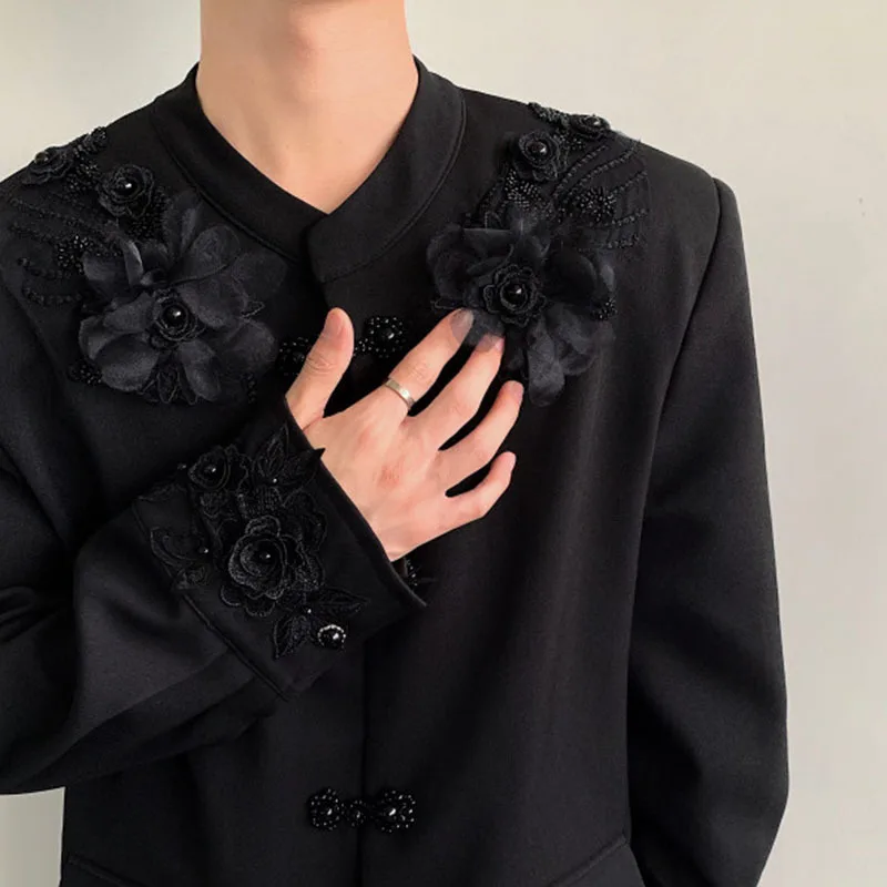 WTHT Trendy Men's Solid Color Spliced 3D Flower Blazer Coats Fashion 2025 Autumn Chinese Style Stand Collar Jackets Male 2A2053