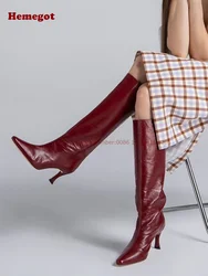 Burgundy Kitten Heels Knee High Boots Pointed Toe Genuine Leather Slip On Women's Boots Casual Winter Warm Runway Shoes Big Size