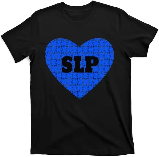 Autism Awareness SLP Heart Puzzle Graphic T-Shirt Black