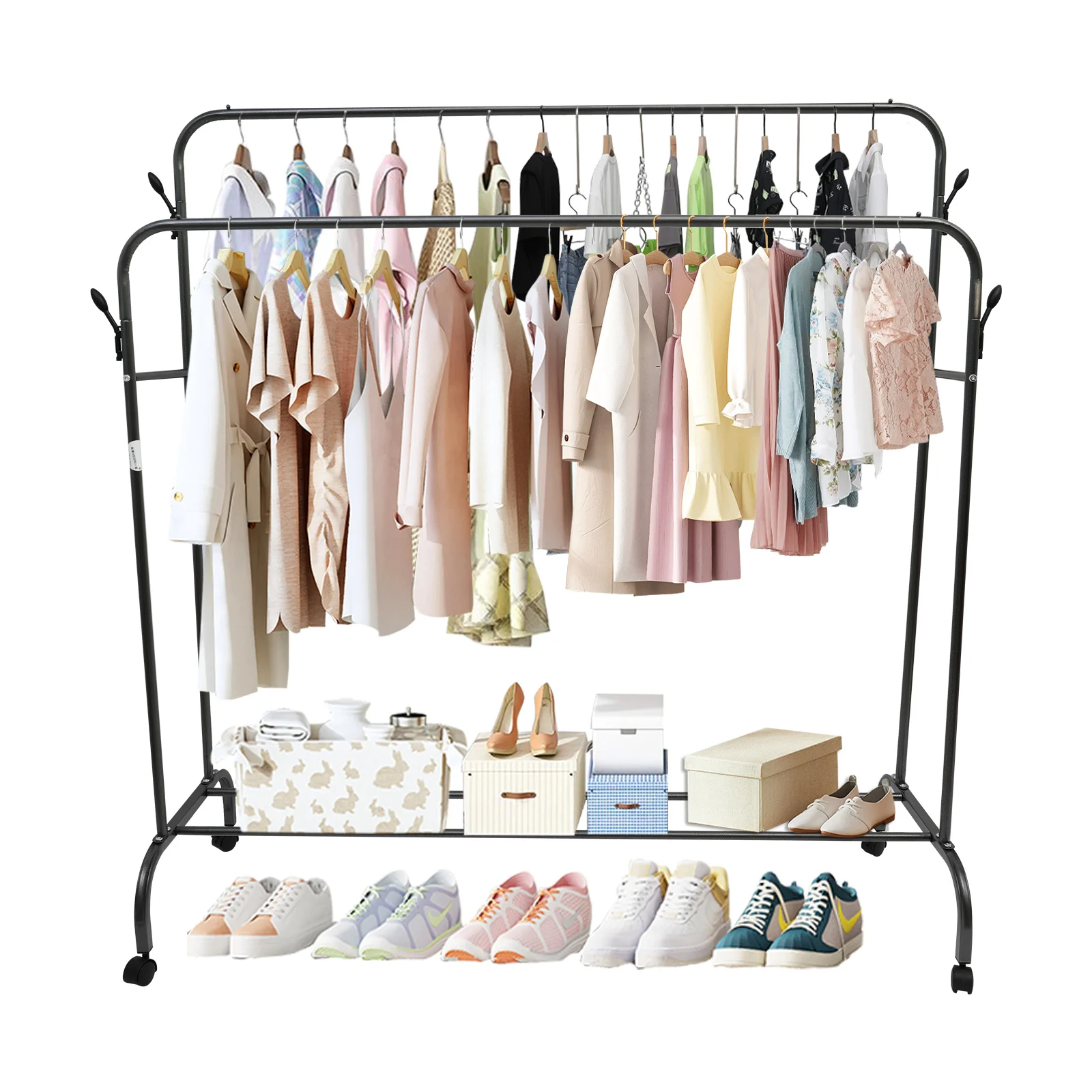 Double-Bar Clothes Rolling Floor Rack Arched Heavy Metal Closet Organizer with Side Hooks Hanging and Swivel Wheels