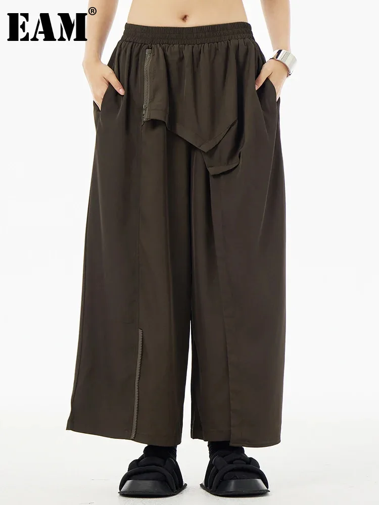 

[EAM] High Elastic Waist Brown Irregular Zipper Long Wide Leg Pants New Trousers Women Fashion Tide Spring Autumn 2024 1DH5699