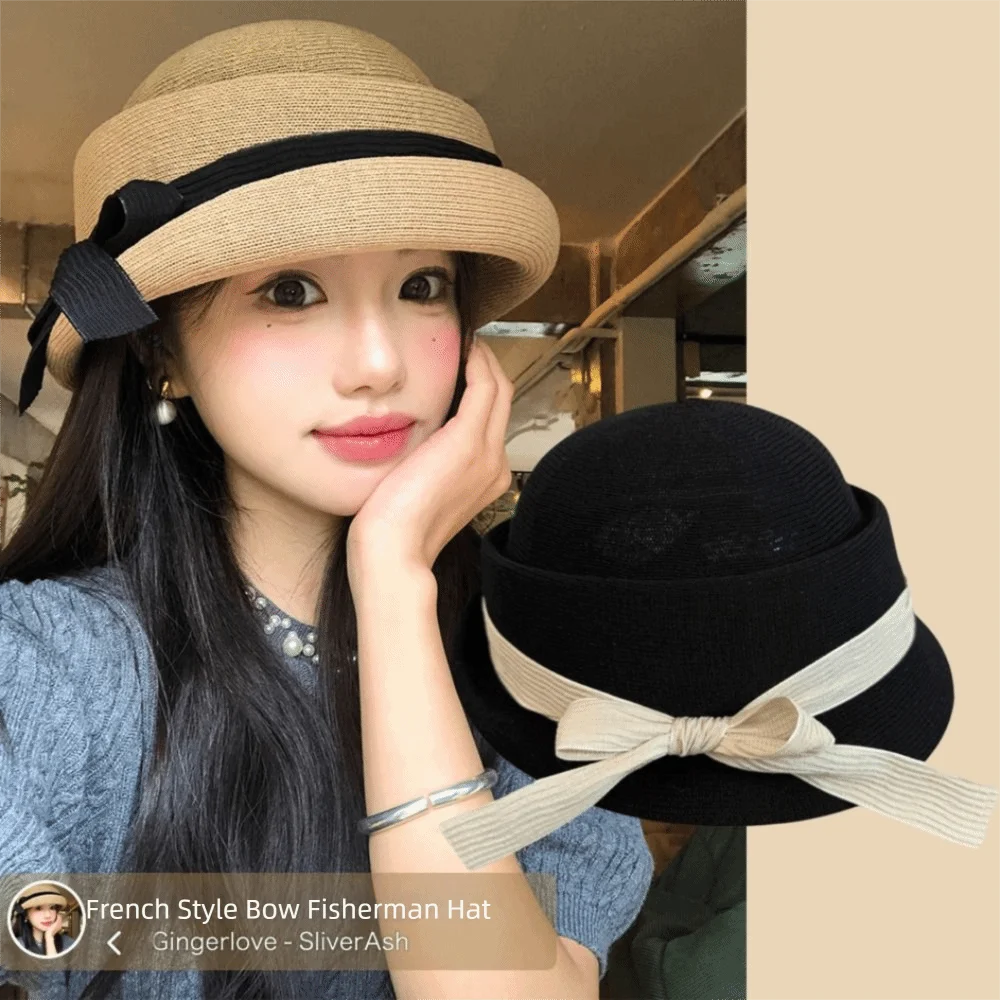 

Вязаная тонкая женская панама с бантом в стиле ретро, французская панама с плоским верхом, женская рыбацкая шляпа