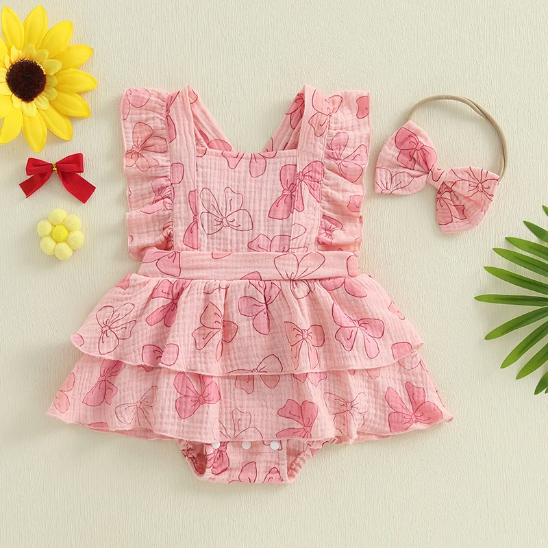 

Baby Girls Summer Romper Sleeveless Tiered Bow Print Outfit Newborn Baby Girls Fashion Clothing Jumpsuit with Headband