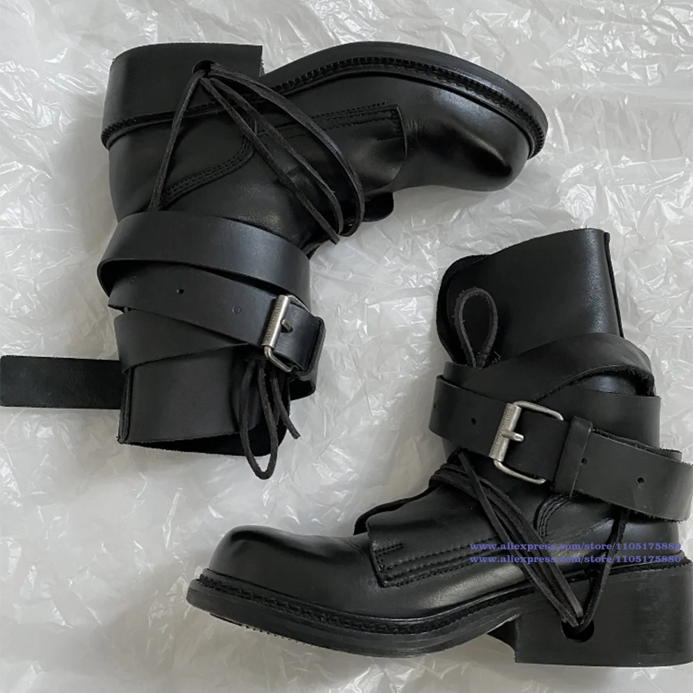 Thick Soled Belt Wrapped Ankle Boots Black Leather Lace-Up Motorcycle Women's Boots Round Toe Designer Women's Shoes Botas Mujer