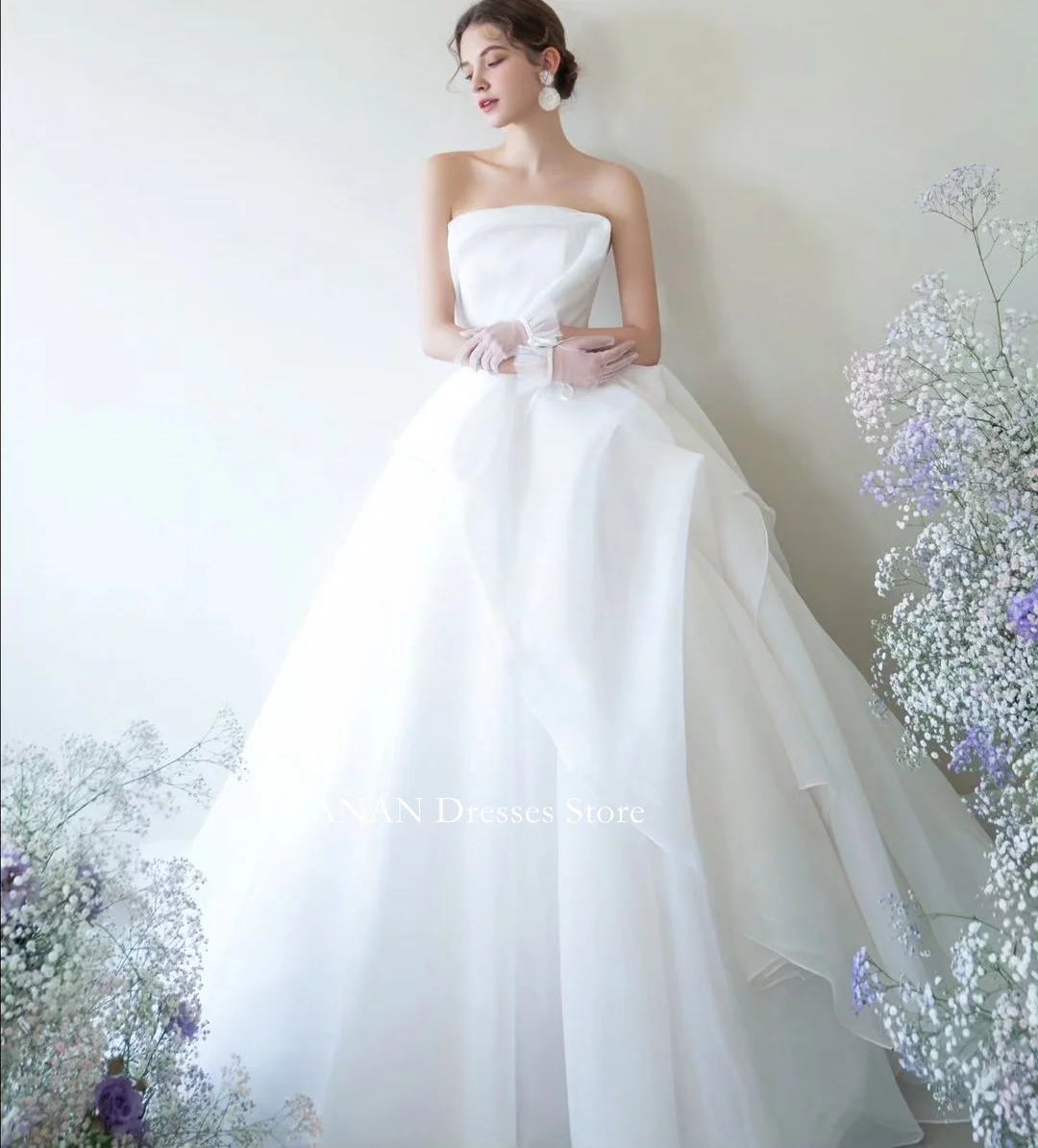 FANAN Korea Strapless Tiered Wedding Dresses 웨딩드레스  Travel Photography Classic Custom Made Organza Elegant Bride Gowns Plus Size