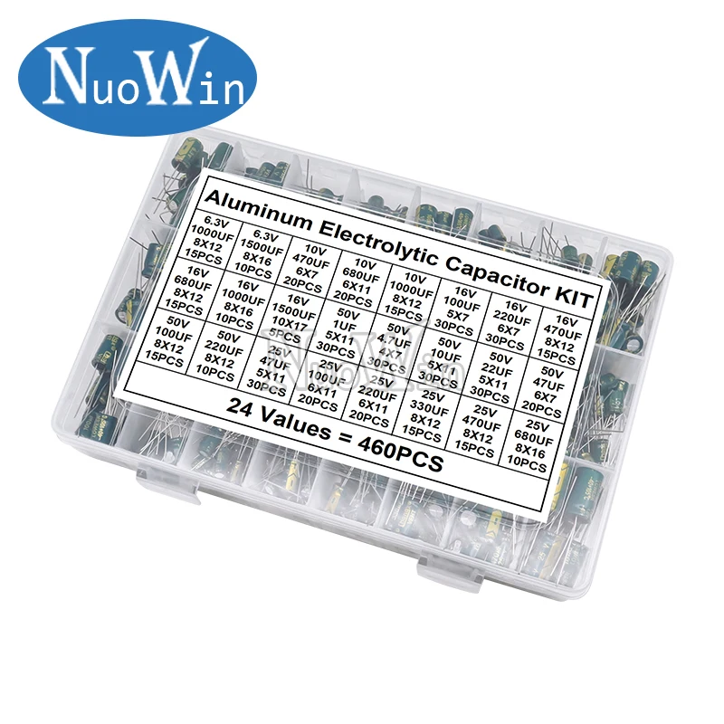 460pcs/Box 24Values High Frequency Low ESR Aluminum Electrolytic Capacitor Kit 6.3V-50V 1uF-1500uF Capacitance DIP Assorted Set