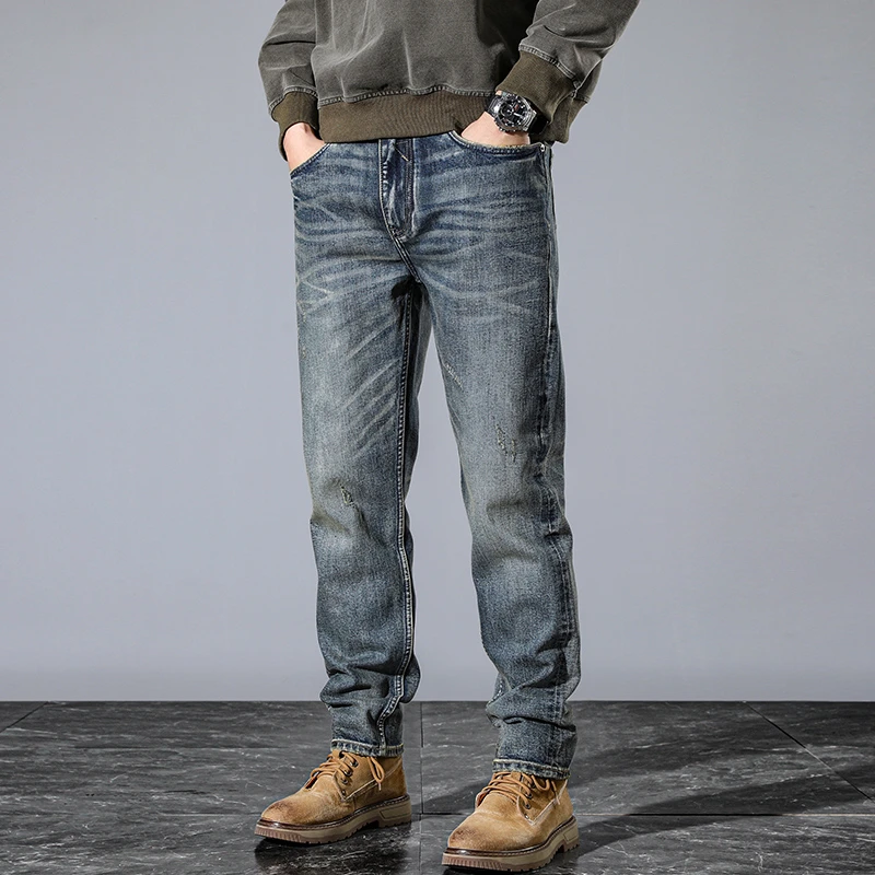 

JXN103 Heavyweight high-grade red ear denim jeans men's Slim straight leg trousers retro washed original colour trousers