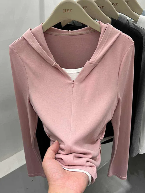 Damska długa bluza z kapturem, patchworkowy dół, nowa kolekcja wiosenna, swobodny styl, wygodna, włókno poliestrowe, zapinana na zamek.