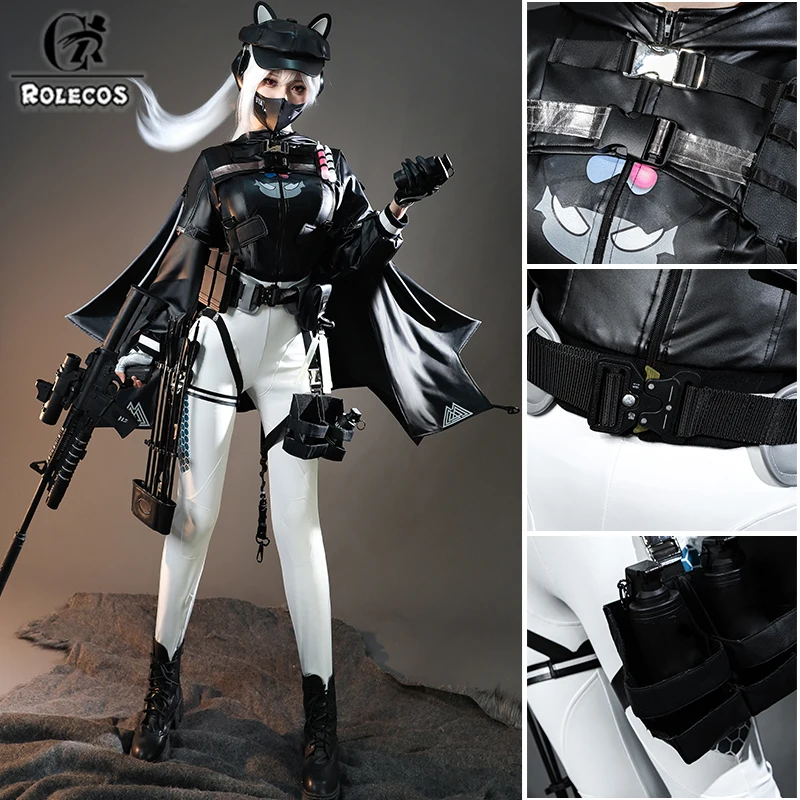 

ROLECOS Game Delta Force Luna Cosplay Costume Black Punk Pu Coat Jumpsuit Women Halloween Christmas Party Tactical Clothing