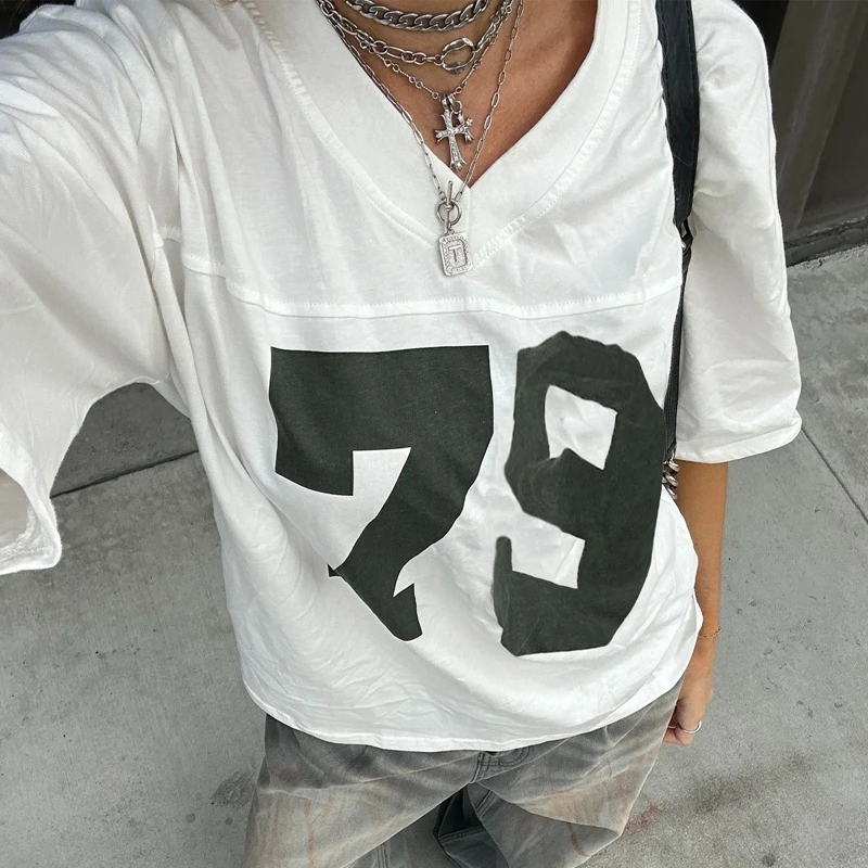 Maemukilabe Aesthetic Grunge Number Print T-Shirt Women Casual Summer Short Sleeve Loose Tees Y2K Vintage Baggy Tops Streetwear