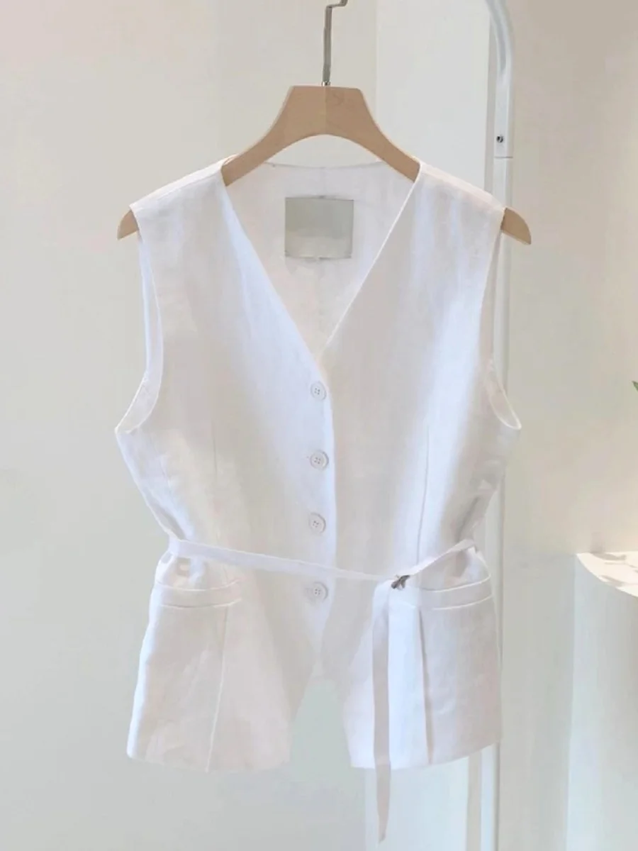 

Elegant White Vest Women's Fashion Summer New High-End Old Money Style Korean Version Straight Cut Polyester Fiber