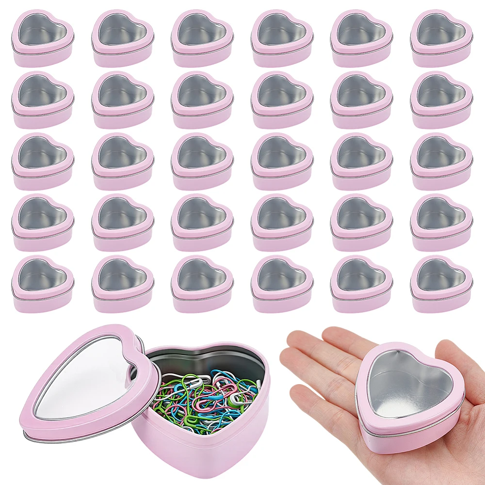 32 Pcs Heart Shaped Metal Tin Cans 3oz Mini Heart Tin Boxes Small Candle Tins with Clear Window Lids 2.36 x 2.36 x 1 Inch