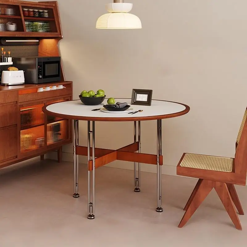 Meja makan batu alam abad pertengahan, meja bundar kayu solid retro, rumah tangga apartemen kecil, mewah ringan, kreatif minimalis, stainless steel