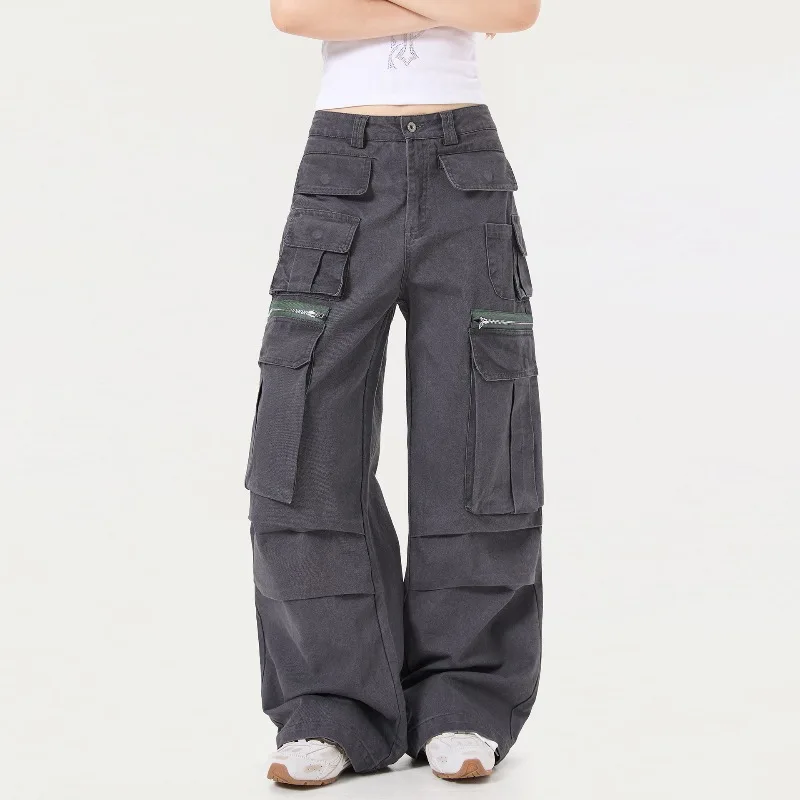 OR FL Wash and Age Multiple Pockets Fold 100 Cotton Women Cargo Trousers American Retro Vintage Women's Slacks Wide Leg Pants