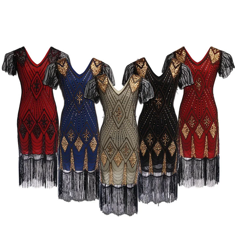 Retro Beaded Fringe Dress 1920s Style for Gates Party Performance Evening Gown Ball Gown Women's Traditional Costume Stage Co...