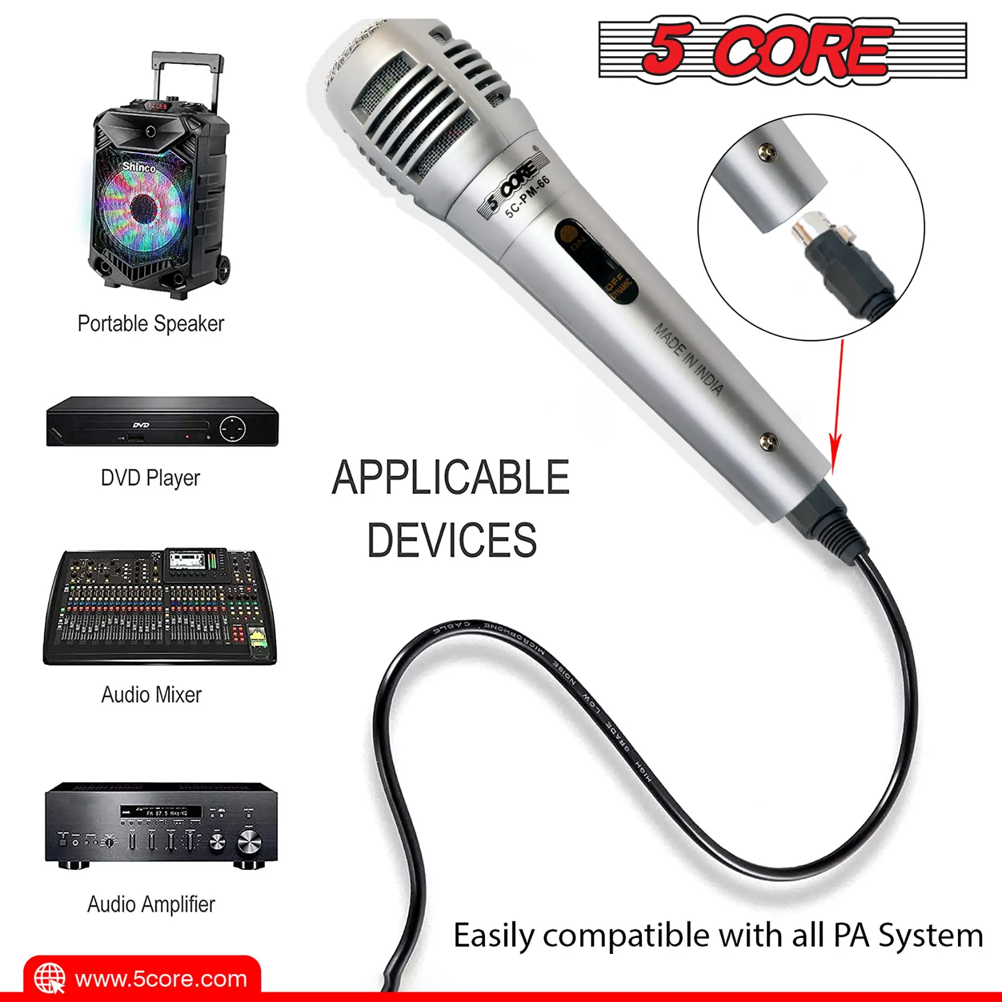5 CORE Microphone Dynamic Vocal Handheld Mic Cardioid Unidirectional Microfono w On Off Switch + XLR Audio Cable for Singing