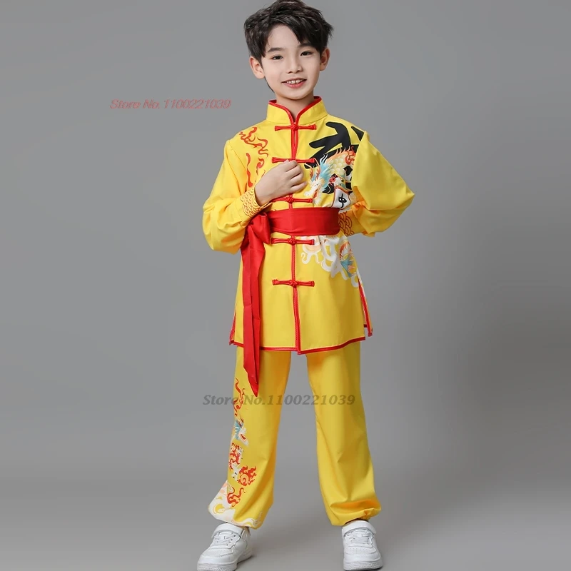 Costume traditionnel chinois de kung fu pour enfants, uniforme de wushu imprimé de dragon, exercice d'entraînement de wing-chun, 2024