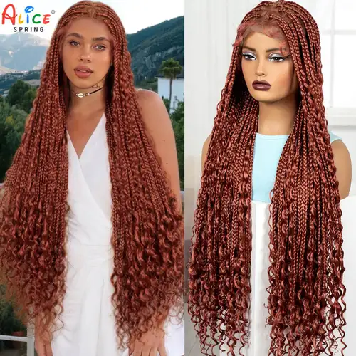 Pelucas trenzadas en caja sin nudos de 36 pulgadas de largo 350 # Peluca trenzada boho de encaje completo sintético naranja jengibre con extremos rizados para mujeres negras