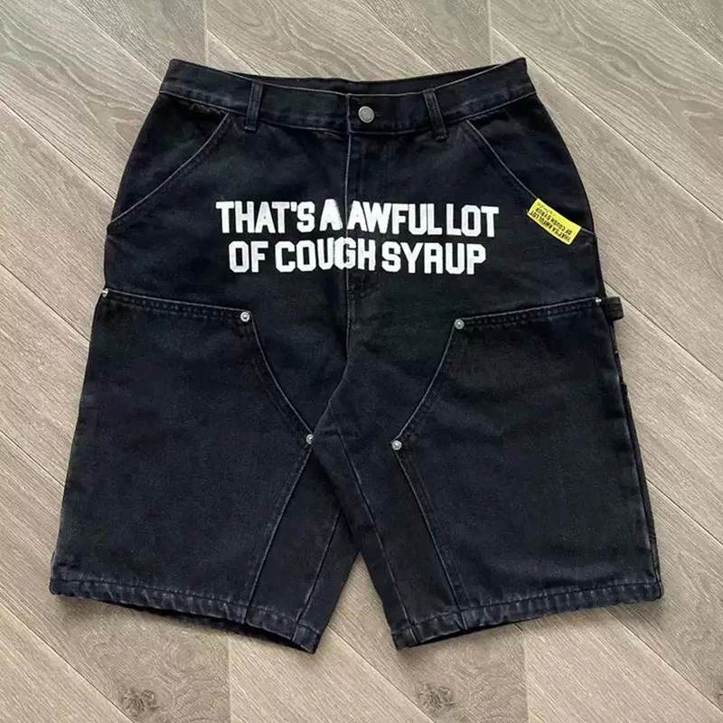 American Cough Syrup Shorts Vintage Street Letter Print Casual Washed Denim Shorts