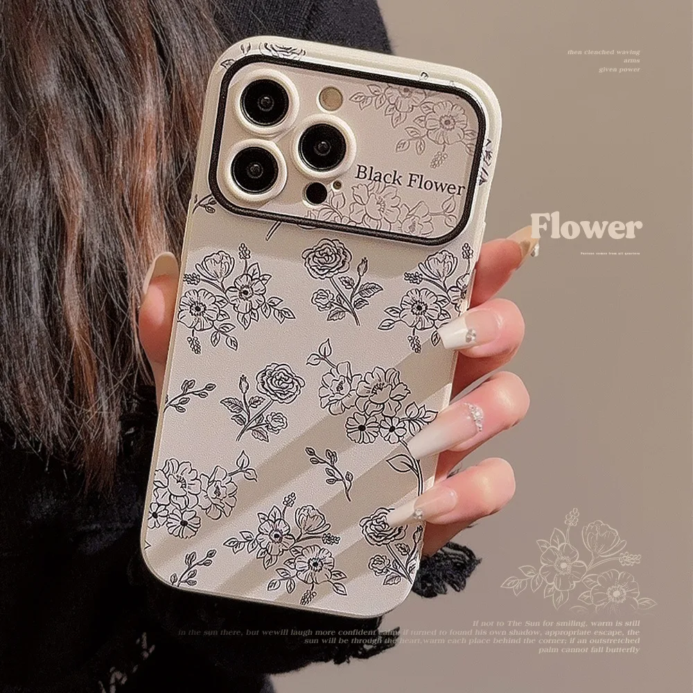 Vintage Line Rose Flowers Großes Fenster Handyhülle für iPhone 16e 15 14 13 12 11 Pro Max XS XR X 7 8 Plus Objektivschutzhülle