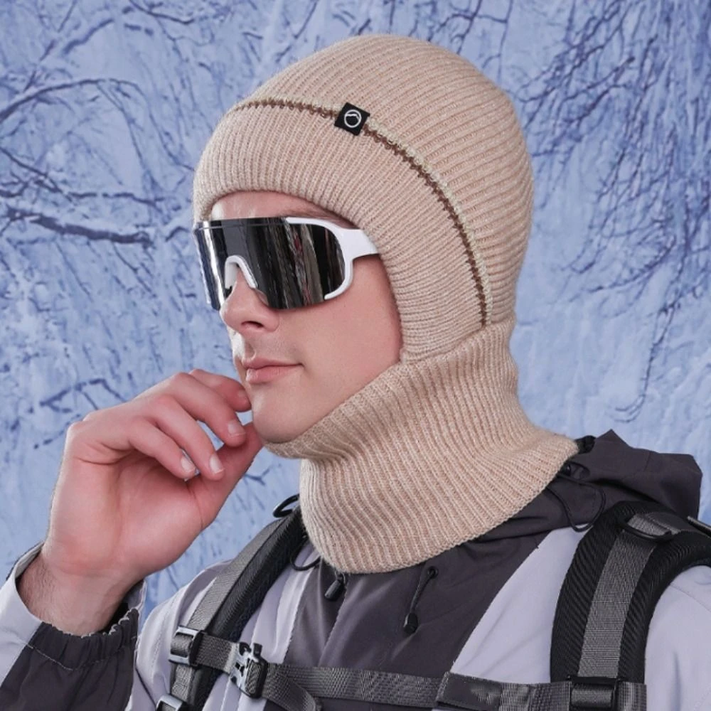 Chapéu de malha de cor sólida quente masculino engrossar à prova de vento quente ciclismo boné de uma peça pescoço mais quente pulôver boné masculino