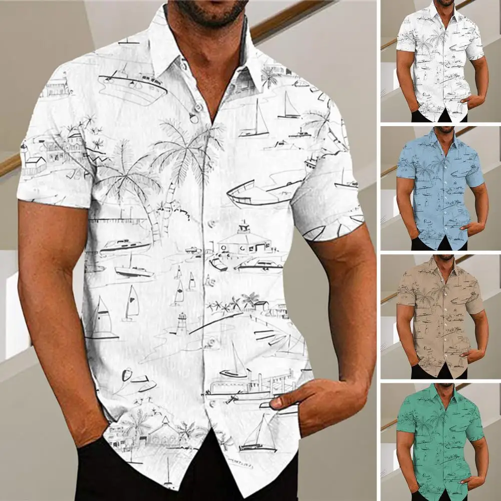 

Men's Holiday Casual Short Sleeve Hawaiian Shirt Short Sleeve Palm Tree Printed Tropical Aloha Blue Shirts