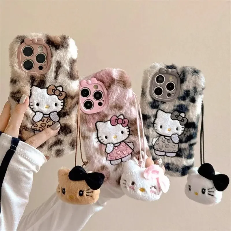 Y2k Hello Kitty Kawaii peluche imprimé léopard coque de téléphone pour Iphone 16 15 14 13 12 Pro Max Anime automne hiver chaud couverture souple cadeau