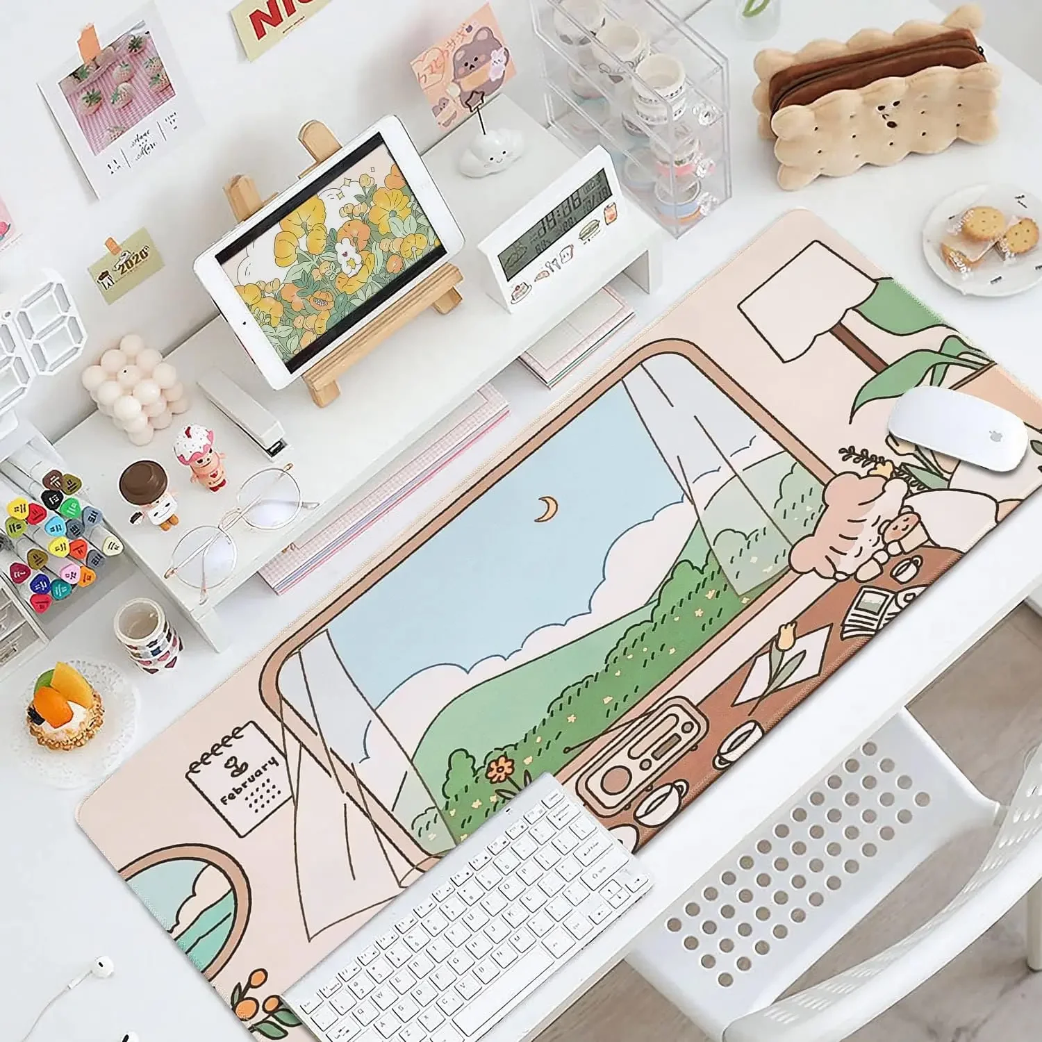 لوحة ماوس لطيفة ممتدة كبيرة باللون البيج الباستيل لتزيين مكتب المكتب للنساء والفتيات مقاس 31.5 × 11.8 بوصة للكمبيوتر المحمول