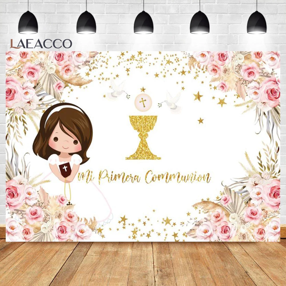 

First Holy Communion Backdrop Pink Floral Gold Chalice Girls Baptism Party Decor Newborn Christening Photography Background