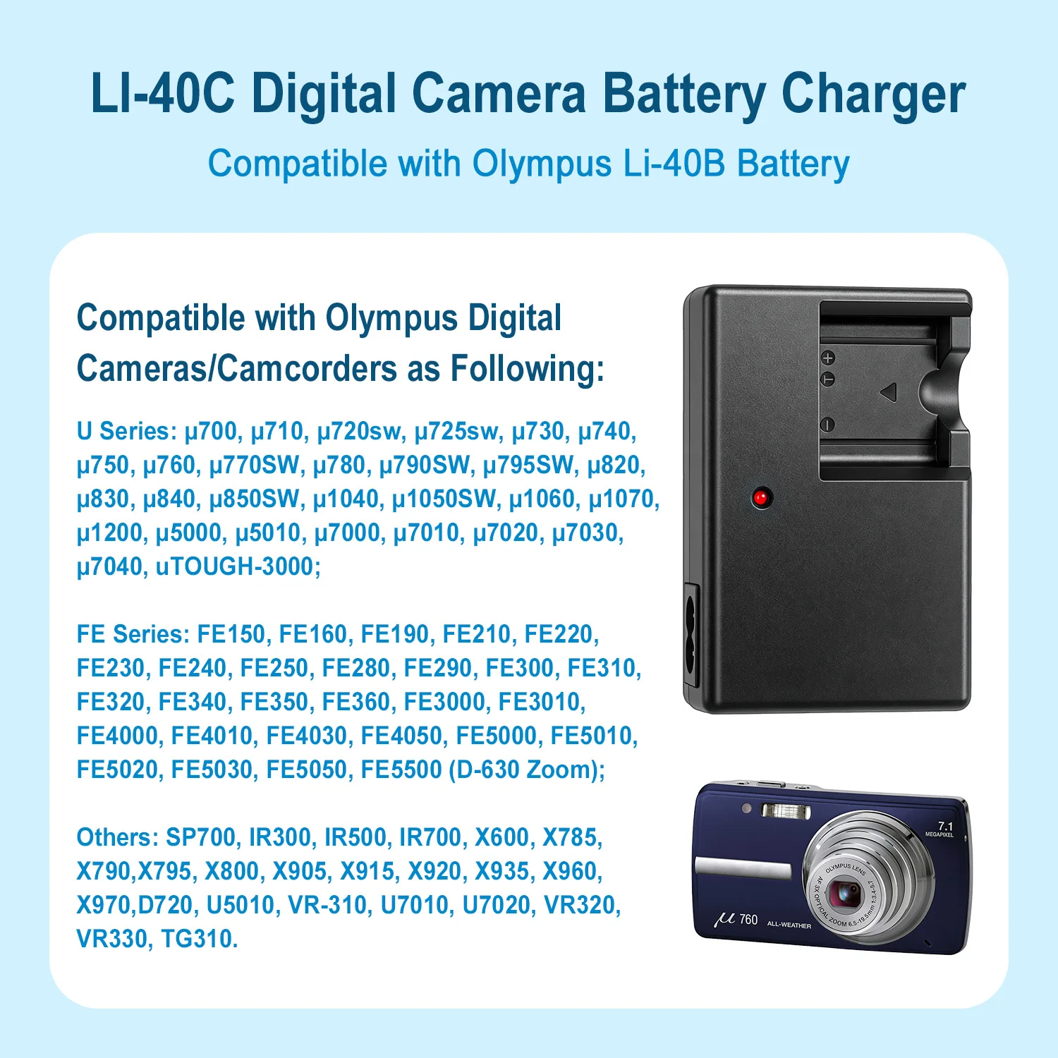 LI-40C Ladegerät für Kamera Olympus LI40B, LI42B Batterieladegerät X730, X735, X750, X560WP, X600, X730, X735, X795, X785, X785, X835, X845, X960 – Detail 4