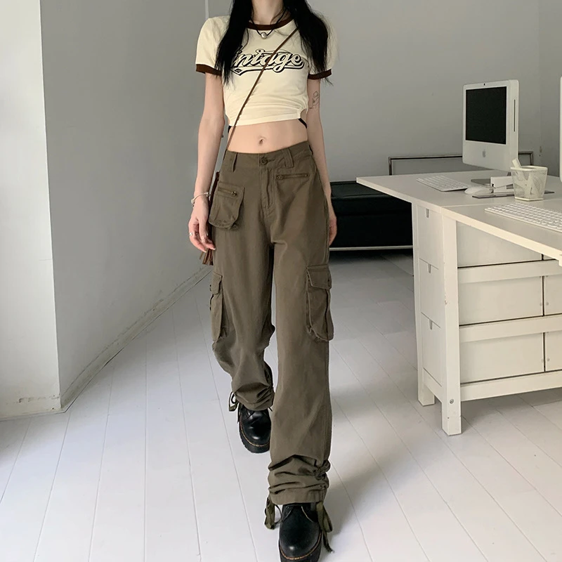 الأمريكية الرجعية العسكرية العمل السراويل النساء شارع العليا Ins كول الساخن فتاة عالية الخصر فضفاضة واسعة الساق جينز غير رسمي