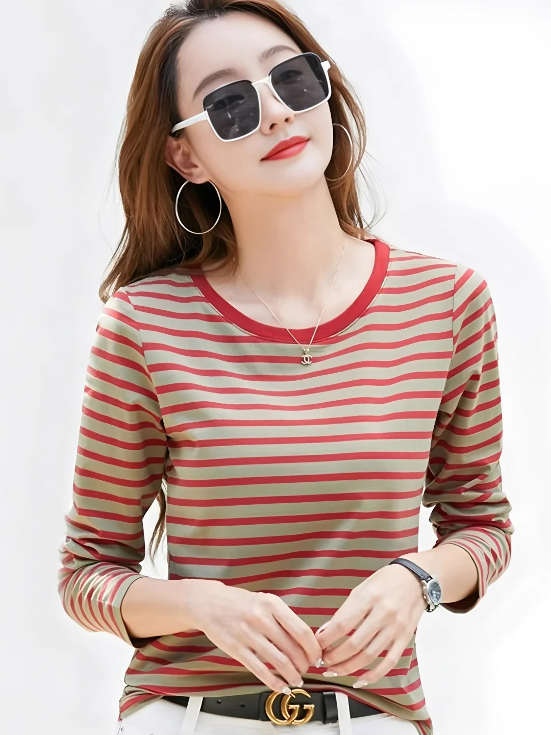 Women's Pure Cotton Long Sleeve Base Shirt Striped Inner Wear T-shirt Loose Fit Fall Season Fashion Retro Style round Neck