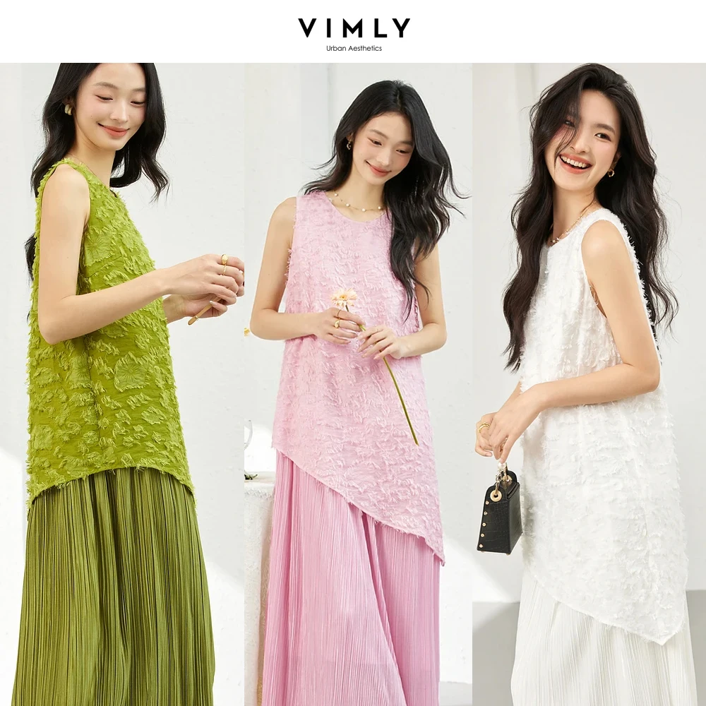 

VIMLY Midi Dress 2025 Women's French Mesh Splicing Cut Flower Ladies Elegant Sleeveless Crew Neck Straight Woman Dresses A1909
