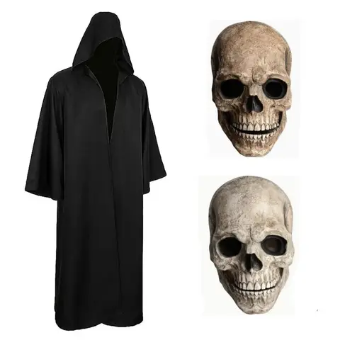 Horror Props Costume Halloween Cosplay Skeleton Mask Hooded Robe Ghost Cloak Long Shicosplayrt for Escape Room Haunted House NPC