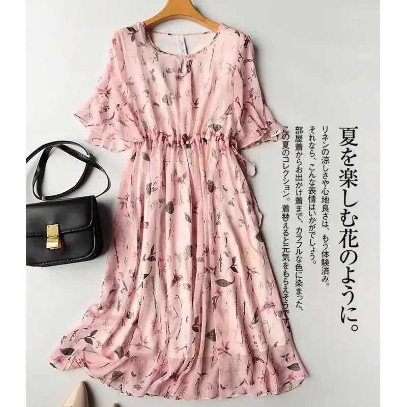 Pink Women's Dress Floral Midi Clothing Satin Female Dresses 2024 Chiffon Flower Silk White Summer Vintage New in Features X Y2k