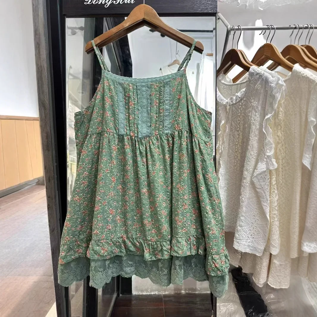 빈티지 모리 걸 꽃 프린트 레이스 패치 워크 슬립 드레스 여성 여름 새 캐주얼 루즈 스파게티 스트랩 a 라인 미디 드레스