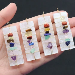 Natural Raw Selenite Blade with 7 Chakra Chip Stones Wire Wrapped Healing Crystals Specimen Hanging Ornament