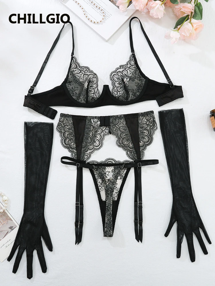 CHILLGIO Women Lace Sexy Lingerie Embroidery Luxury Party Underwear Set Hot Corselet Erotic 4 Piece Push Up Underwear Thongs Set