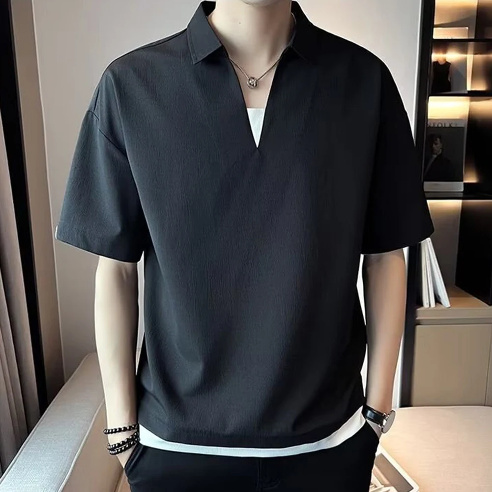 

Fashion Solid Color Shirt V Neck Short Sleeve Mens Summer T-Shirt Solid Color T-Shirt Casual Wear Daily Wear Shirt