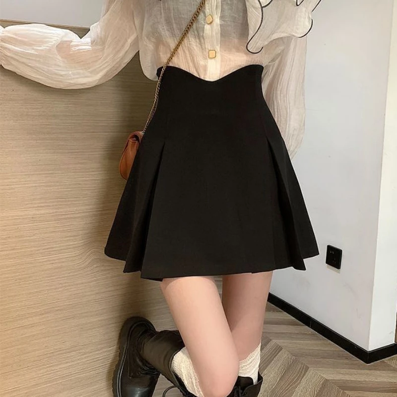 Black Pleated Skirts Women Chic High Waist Spring 5XL College Micro Skirt Korean Version Stylish A-line Classic Hotsweet Female