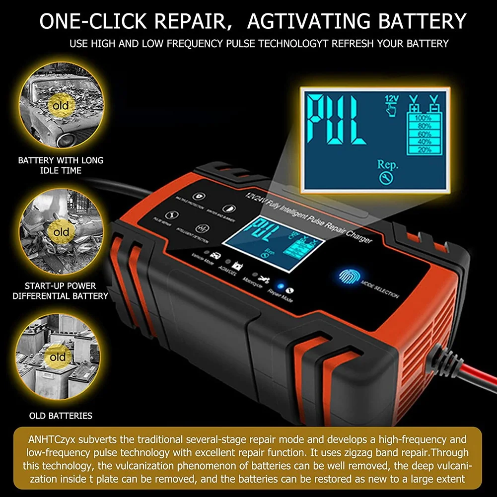 Portable Car Battery Charger,8A 12V/4A 24V Intelligent Pulse Repair Charger for Car, Motorcycle, Lawn Mower-UK