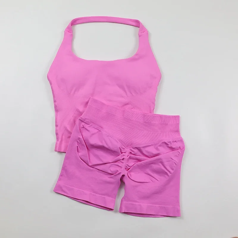 Seamless Yoga Set Womens Backless Halter Tank Top Ribbed Waist Gym Shorts 2 Piece Sets Women Outfit Workout Clothes