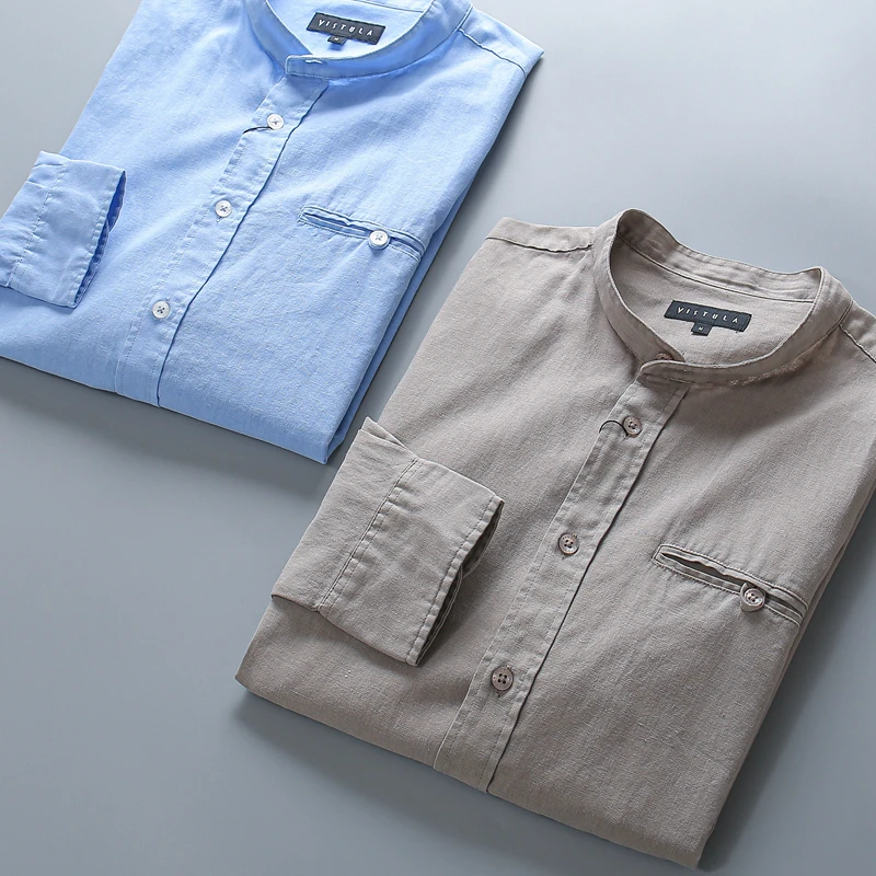 

l Linen Mixed Casual Long Sve irt Men's Summer Season Stand Collar Pure Color Button Detail Stand Fit Youth Fas...