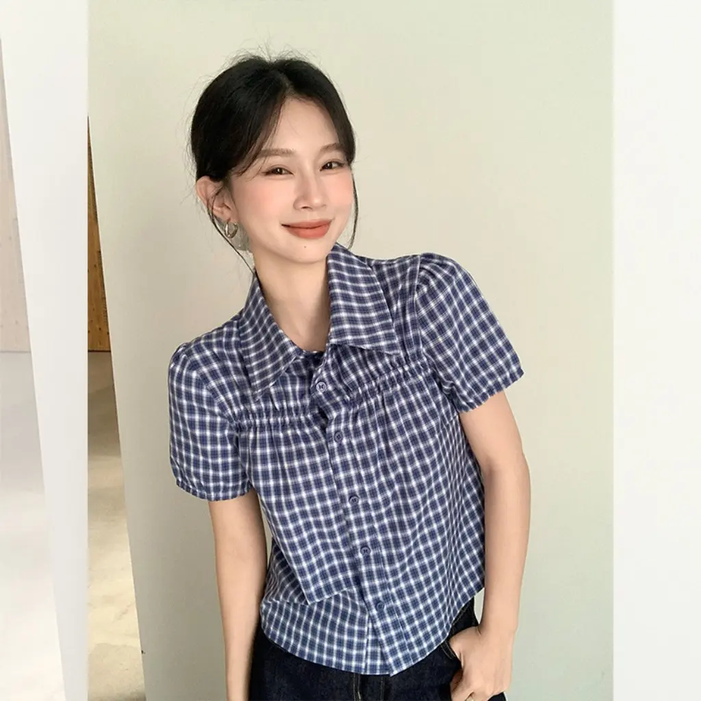

Women's Fashion Retro Blue Plaid Shirt Loose Fit Summer Top with Puff Sleeves Western Style Lapel Short Sleeve Sweet Style